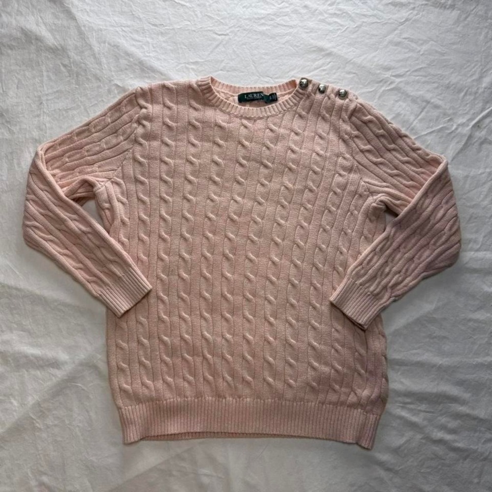 Lauren Ralph Lauren Cable Knit Sweater Pink Button Details Womens 1X Preppy